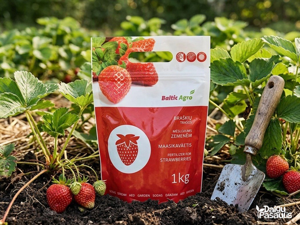 Trąšos braškėms ir žemuogėms, granuliuotos, 1 kg, lauko aplinkoje