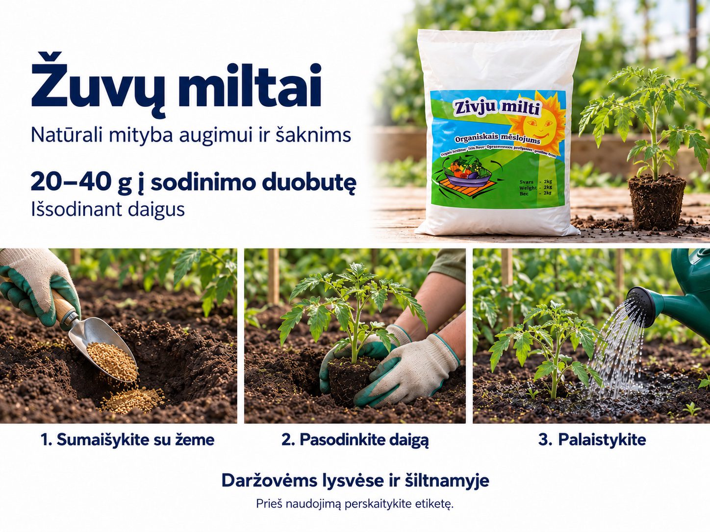 Žuvų miltų naudojimas sodinant: 20–40 g į duobutę sumaišyti su žeme, pasodinti daigą ir palaistyti