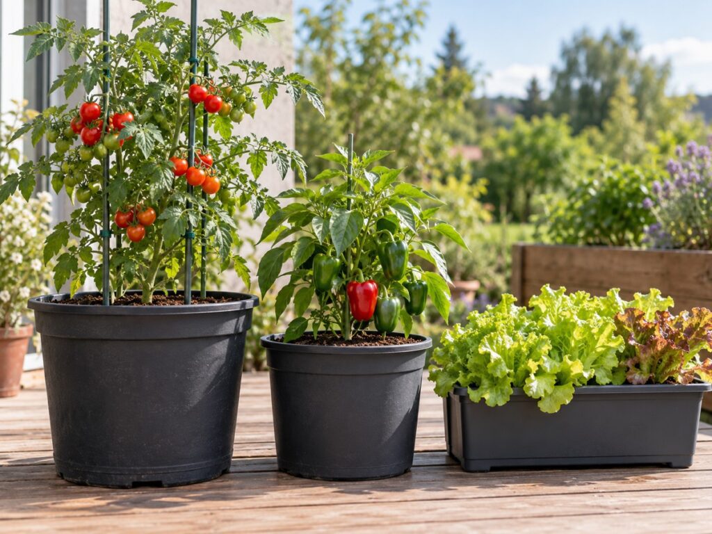Pomidoras dideliame vazone, paprika vidutiniame ir salotos lovelyje