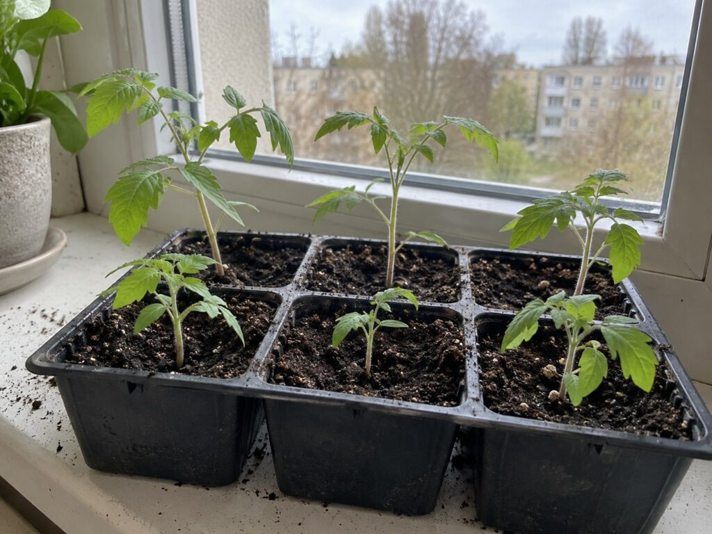AI sugeneruota iliustracija – pomidorų daigai ant palangės