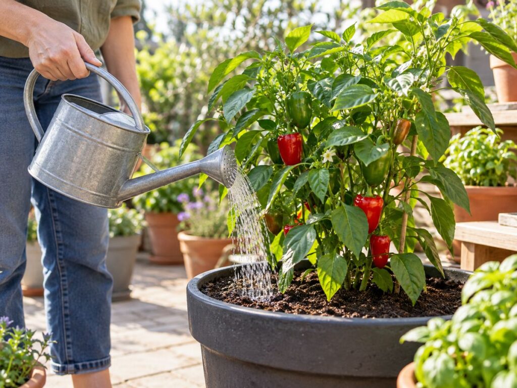 Paprika vazone laistoma pilant vandenį ant žemės